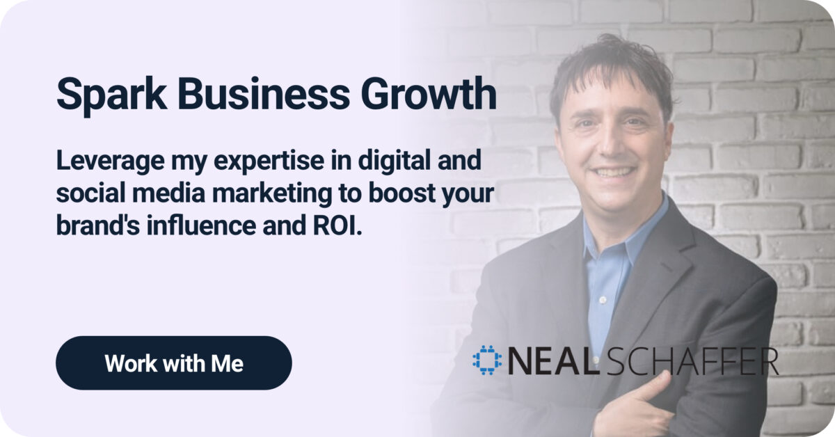Business banner with headline 'Spark Business Growth' followed by text 'Leverage my expertise in digital and social media marketing to boost your brand's influence and ROI.' Features a dark 'Work with Me' call-to-action button and Neal Schaffer logo, with gradient background and white brick wall texture.